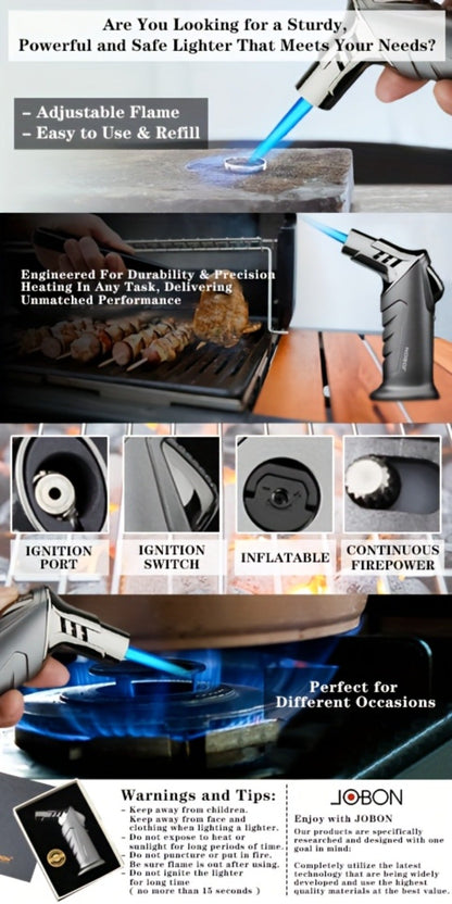 Butane Torch Lighter with Gift Box - Jobon Adjustable Flame Kitchen Torch, BBQ Camping Lighter for Men