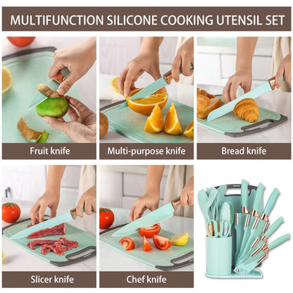 Kitchen Knife Set 19-Piece with Stainless Steel Blades, Wood Handles, Silicone Utensils, Board, Shears and Holder