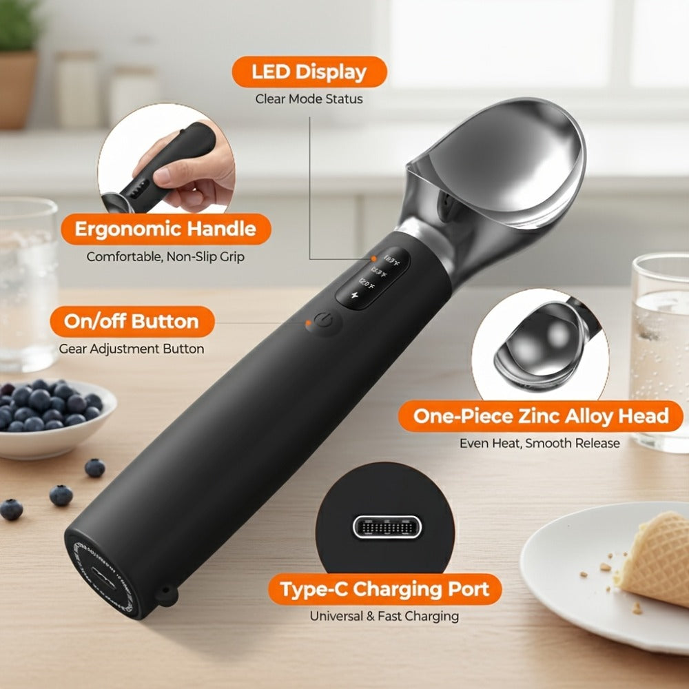 Heated Electric Ice Cream Scoop, USB-C Rechargeable with 3 Temperature Levels up to 158°F, Touch-Activated