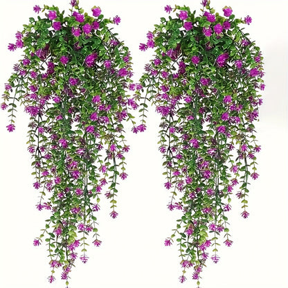 Hanging Artificial Flower Vines, 10-Bunch 30-Inch Set with White or Purple Flowers and Green Leaves