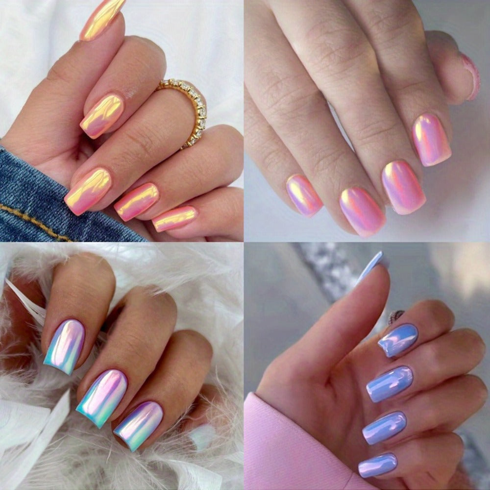 Press On Nails 96-Piece Short Square Set with Pink Chrome Mirror Metallic Full-Cover Finish