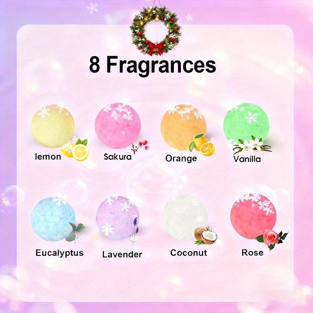 Bath Bombs, 24-Piece Assorted Color Gift Box with Eight Labeled Fragrances and Round Mini Fizzers
