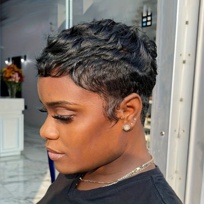Brazilian Human Hair Pixie Cut Wig 150% Density Short Straight Machine Made Rose Net Cap Glueless Natural Black 4 Inch | Beginner Friendly