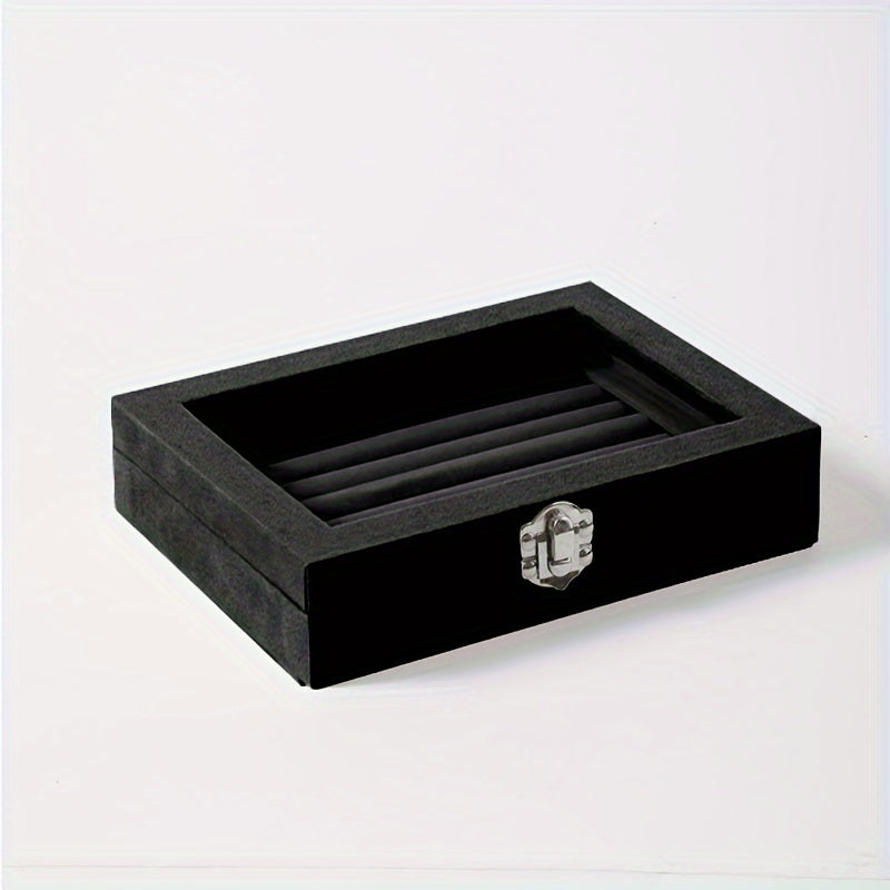 Jewelry Box with Locking Lid – 49-Ring Capacity Glass-Like Plastic Ring & Earring Organizer, Large Rectangular Storage Case