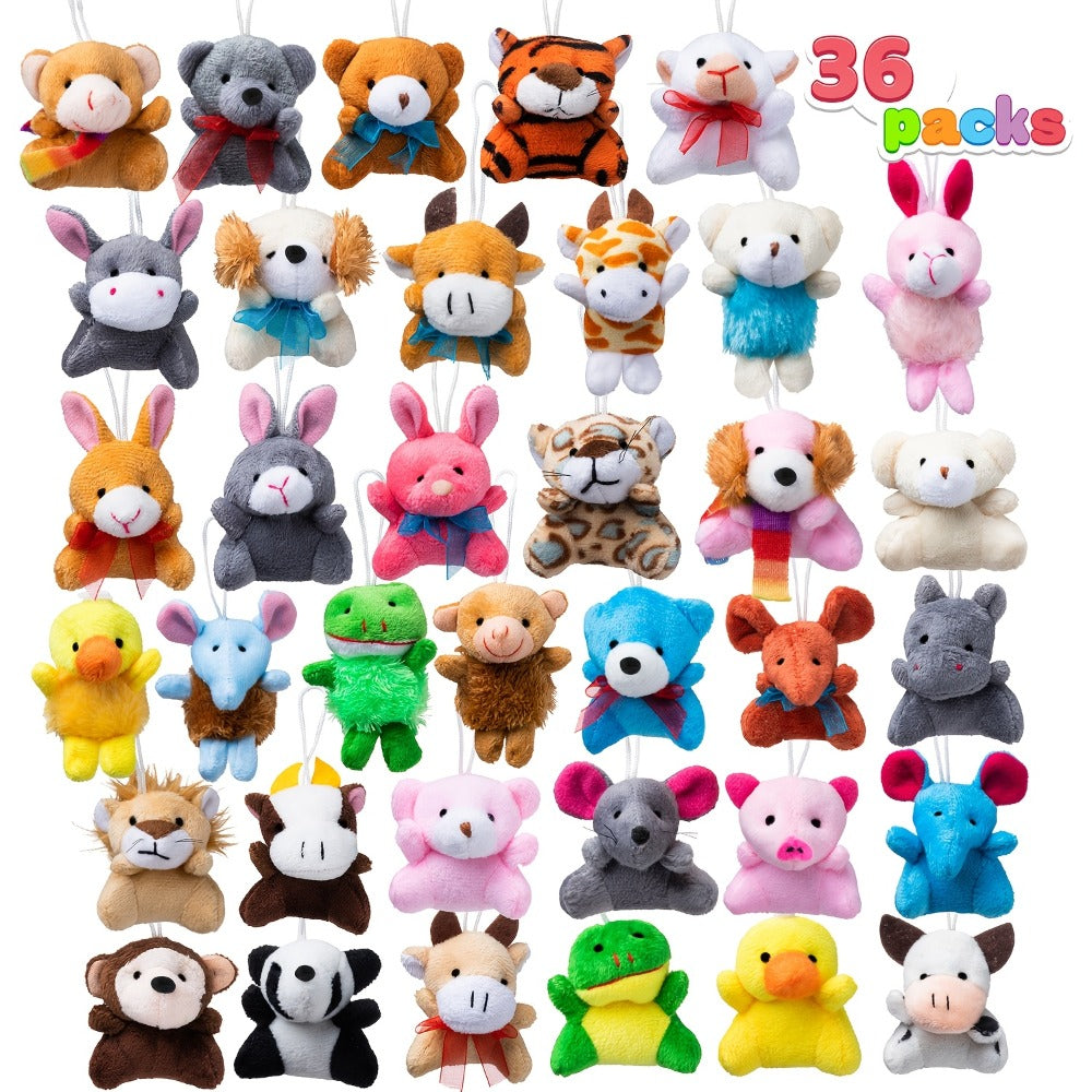 36 Pack Mini Stuffed Animals Bulk, 3 Inch Animal Plush Toys with Keychain 36 Unique Designs