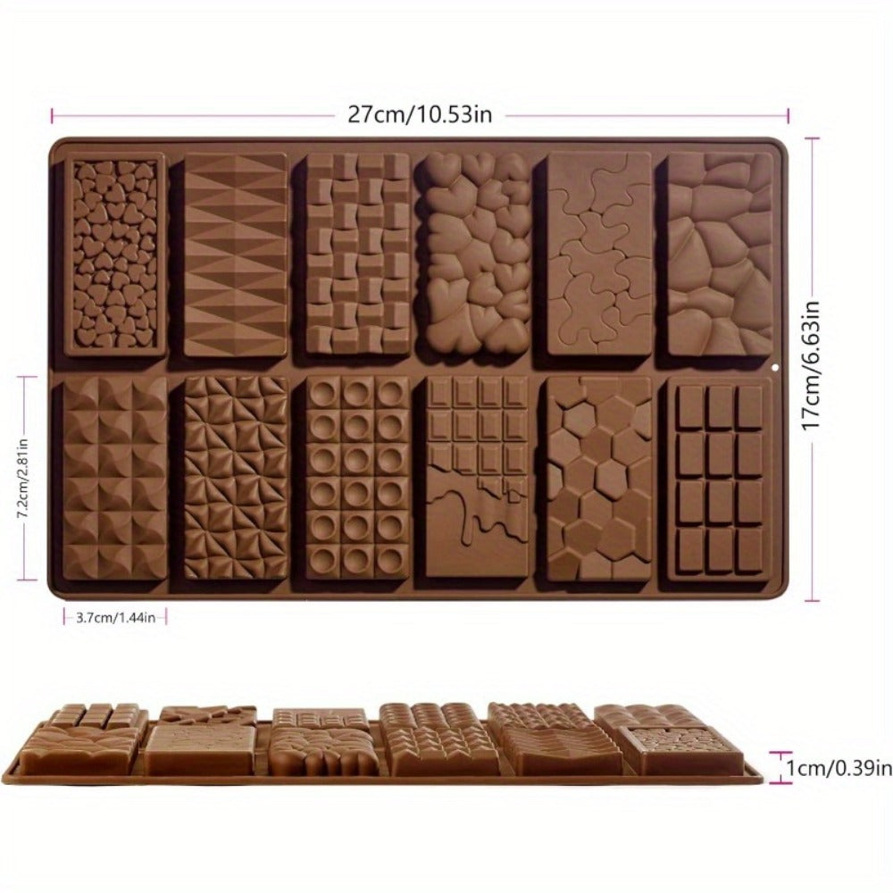 Silicone Chocolate Molds 3 Pack, 12 Cavity Food Grade BPA-Free Non-Stick Chocolate Bar Mold with Scraper, Easy Pop Out Candy Mold