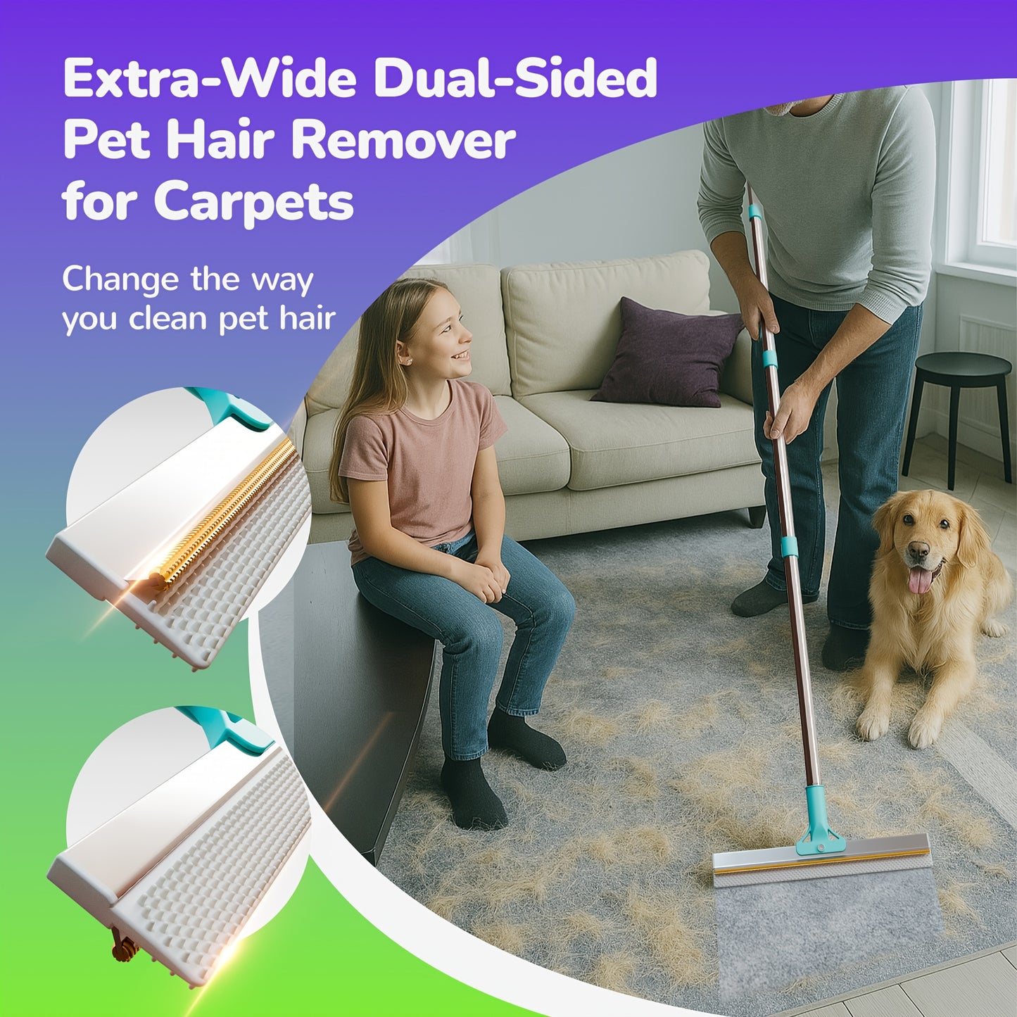 Pet Hair Remover Carpet Rake – 51-Inch Long Handle Dog & Cat Hair Removal Tool for Carpets, Rugs, Upholstery & Stairs | Deep Cleaning Fur