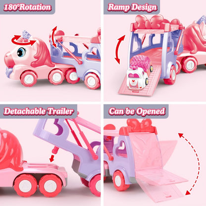 Pink Carrier Truck Toy with 4 Mini Cars, Music & Lights, Battery Powered Pull-Back Transport Vehicle for Girls Boys Ages 3+