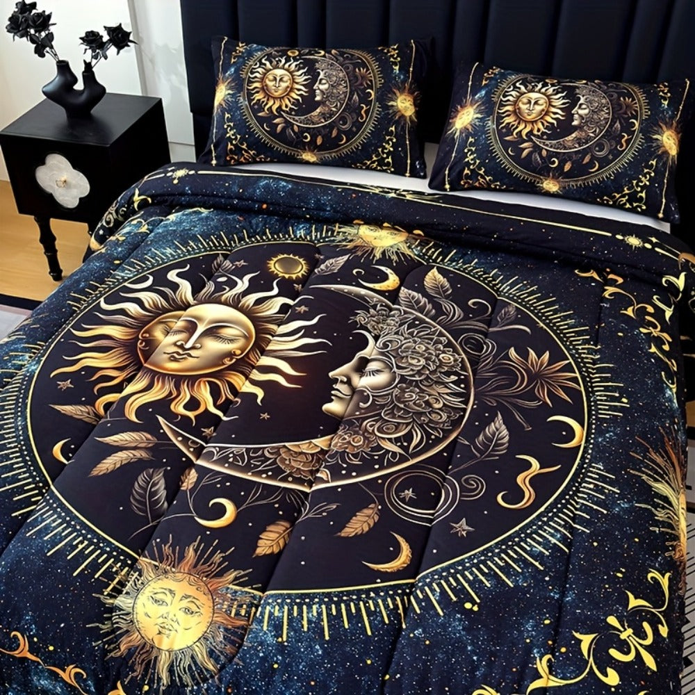 Sun Moon and Planet Print Comforter Set in Black with Twin, Full, Queen and King Size Options