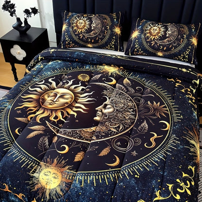 Sun Moon and Planet Print Comforter Set in Black with Twin, Full, Queen and King Size Options