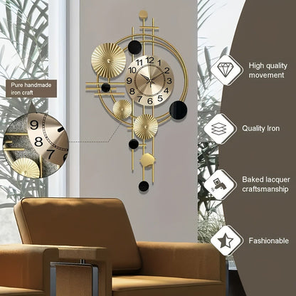 Golden Metal Art Wall Clock with Asymmetrical Circular Accents, Analog Dial and 30.7 x 17.7-Inch Size