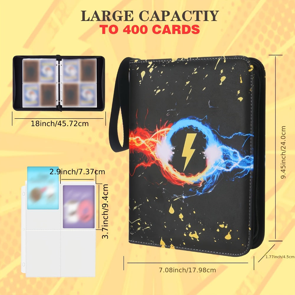 Trading Card Binder 400 Pockets – Faux Leather Lightning Bolt Design, Double-Sided Sleeves for Pokemon MTG TCG Sports Cards