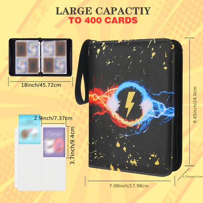 Trading Card Binder 400 Pockets – Faux Leather Lightning Bolt Design, Double-Sided Sleeves for Pokemon MTG TCG Sports Cards