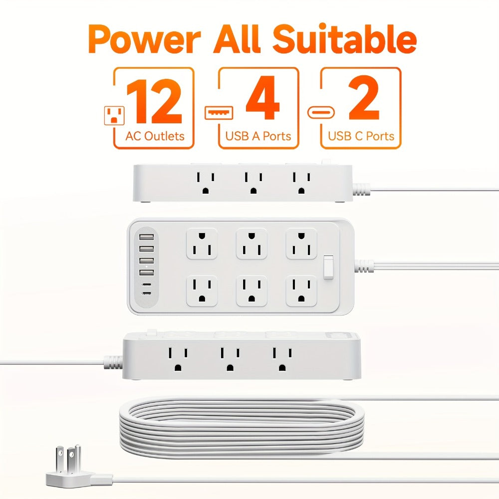 Power Strip 18-in-1 Charging Station with 12 AC Outlets, 4 USB-A, 2 USB-C and 5-Foot Flat-Plug Cord