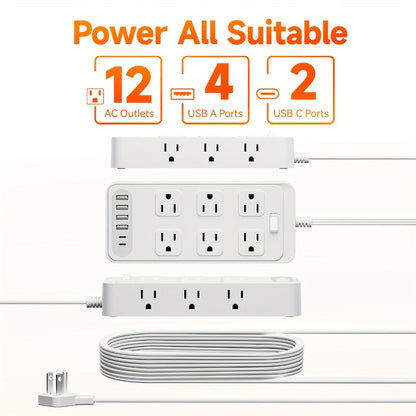 Power Strip 18-in-1 Charging Station with 12 AC Outlets, 4 USB-A, 2 USB-C and 5-Foot Flat-Plug Cord