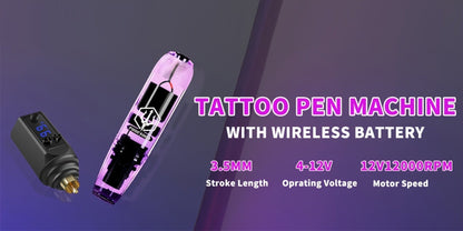 Tattoo Machine Kit POSEIDON SD01 Cordless Pen with 1500mAh Battery, Display, 20 Cartridges and 11 Inks