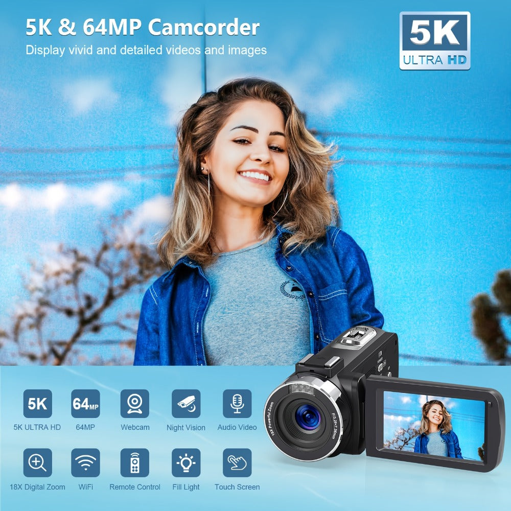 5K Vlogging Camera Camcorder 64MP WiFi for YouTube with IR Night Vision 18X Zoom 3 Inch Touch for an Everyday Personal Care Routine