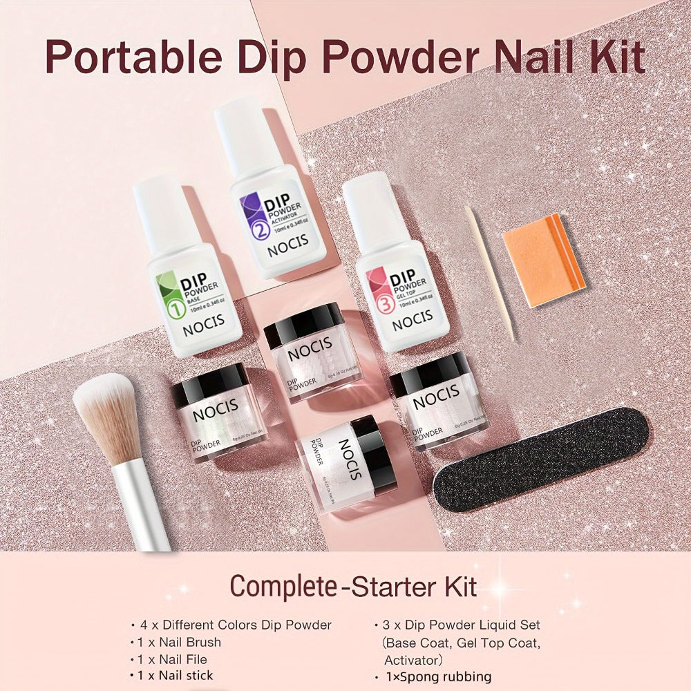 Dip Powder Nail Kit with NOCIS Label, Four Nude Blush Shimmer Powders, Three 10ml Liquids and Four Tools
