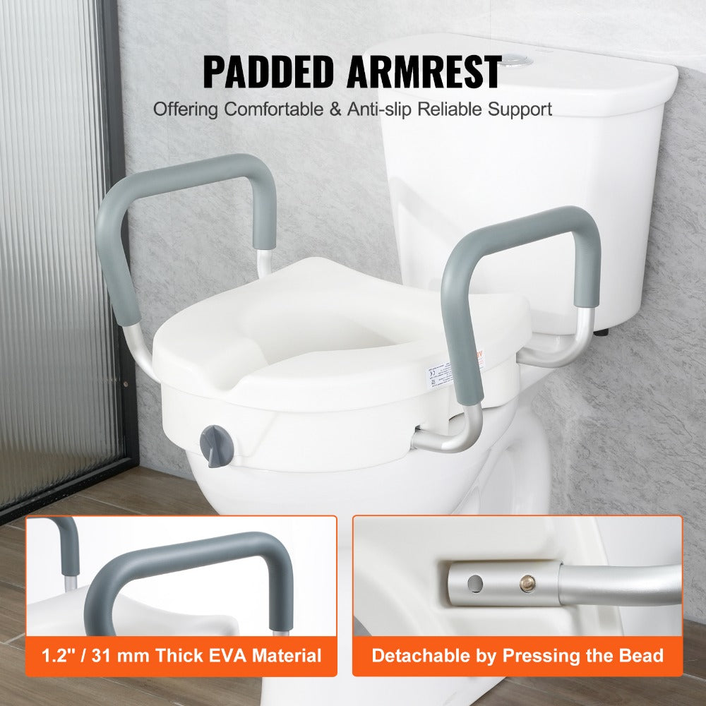 Raised Toilet Seat with Arms for Seniors & Elderly - 5 Inch Elevated Toilet Seat, Twist Lock, Adjustable Armrests with Padding