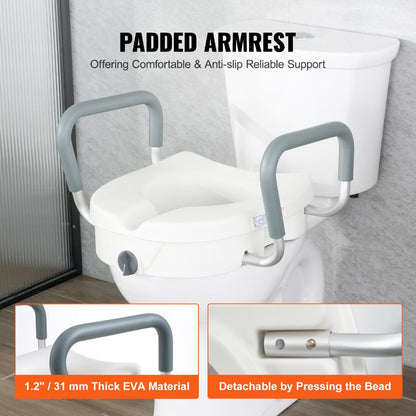 Raised Toilet Seat with Arms for Seniors & Elderly - 5 Inch Elevated Toilet Seat, Twist Lock, Adjustable Armrests with Padding