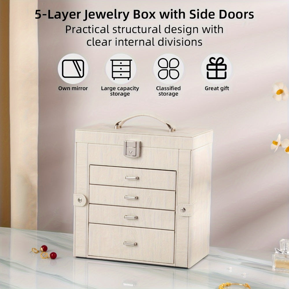 Jewelry Box, Five-Tier PU-Leather Organizer with Built-In Mirror, Key Lock and Three Color Options