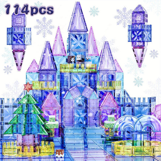 Magnetic Tiles 114-Piece Purple and Blue Ice Castle Building Set with Arches, Windows and Decorative Shapes