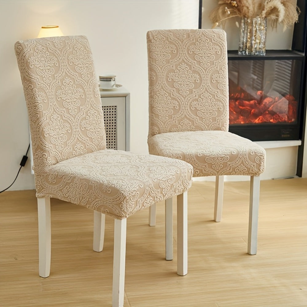 Paisley Stretch Velvet Dining Chair Covers in Off White, Light Gray, Deep Gray or Khaki, Four- or Six-Piece Sets