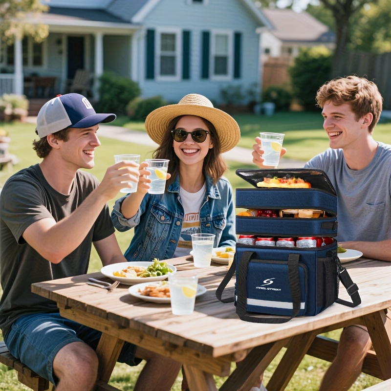 19L Triple-Compartment Lunch Bag with Three Stacked Zippers, Shoulder Strap and Four Color Options