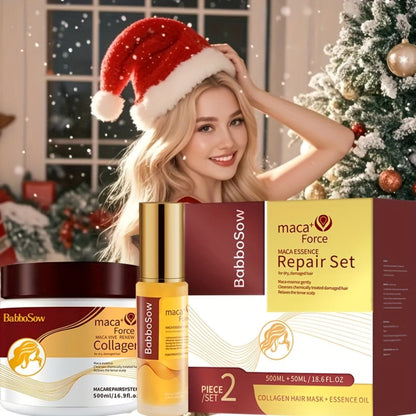 500ml Collagen Hair Mask and Maca Essence Oil Two-Piece Boxed Hair Care Set with Separate Bottles