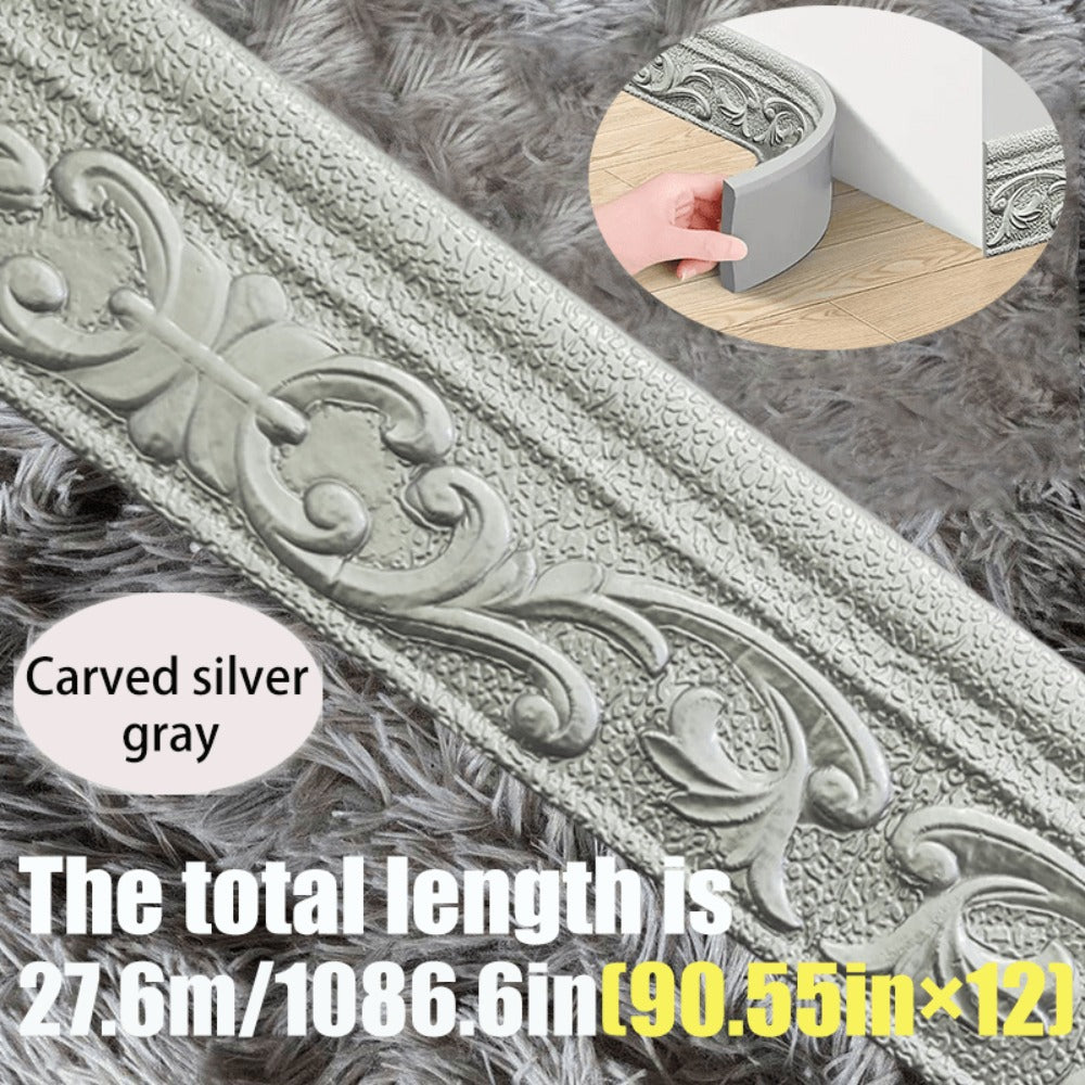 3D Self-Adhesive Foam Baseboard Wall Trim Sticker Waterproof Peel and Stick Carved Wallpaper Border Skirting for Home Decor White Silver
