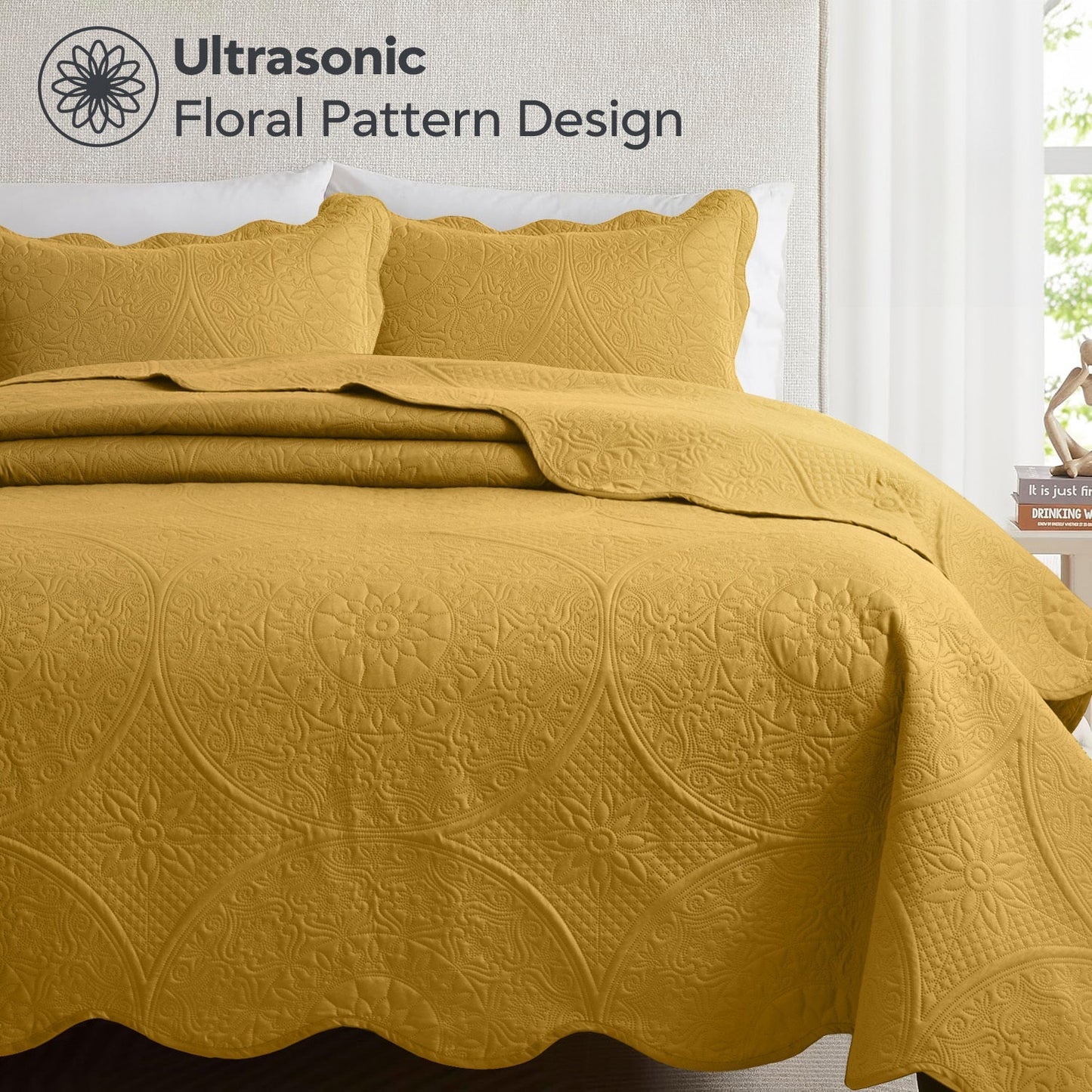 Floral-Pattern Three-Piece Bedspread Set in 16 Colors with Twin, Queen, King and California King Sizes