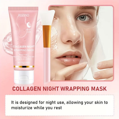 Face Mask, ROZINO Collagen Night Wrapping Formula, 75g or 2.645oz Tube with Application Brush