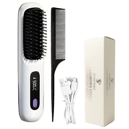 Compact Rechargeable Straightening Brush in Black or White with Display, Comb and USB Cable