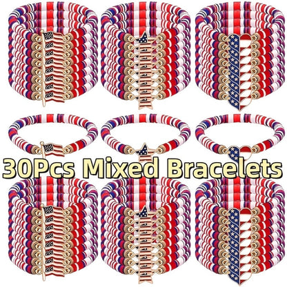 Beaded Bracelet - Patriotic Stretch Bulk Red White Blue Polymer Clay Bead Bohemian Retro - product detail view 5