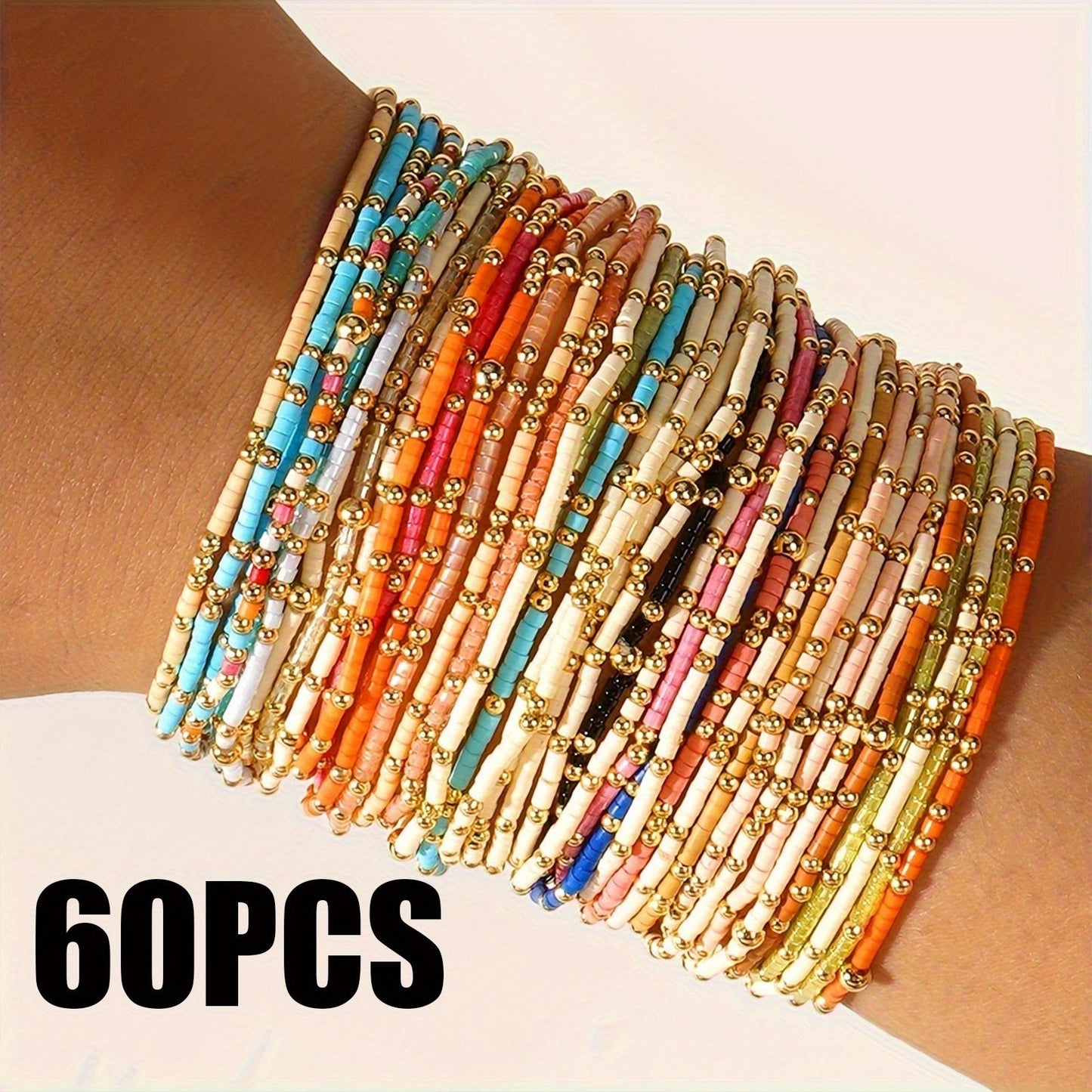 Beaded Bracelet - Seed Bead Set 60 Pcs Boho Elastic Stretch Stack Women Multicolor Bohemian - product detail view 7