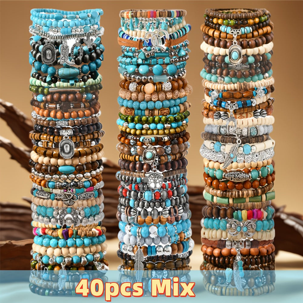 Beaded Bracelet - Wooden Bead Set 40pcs Bulk Vintage Western Boho Women Multi Layer Assorted - product detail view 3