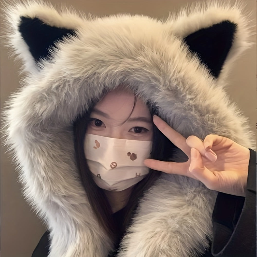 Beanie Hat - Cat Ear with Integrated Scarf Soft Warm Winter Faux Cat Ears for Women Men - product detail view 3