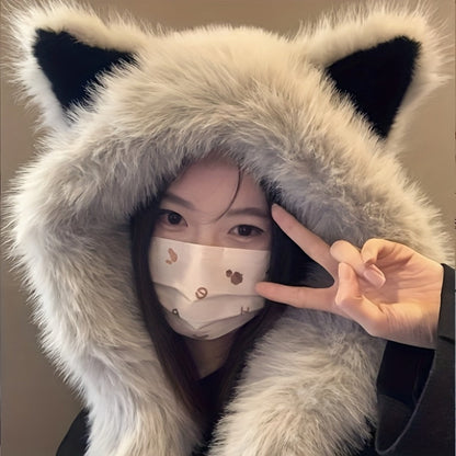 Beanie Hat - Cat Ear with Integrated Scarf Soft Warm Winter Faux Cat Ears for Women Men - product detail view 3