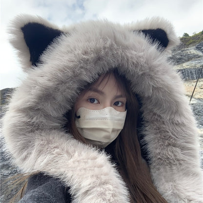 Beanie Hat - Cat Ear with Integrated Scarf Soft Warm Winter Faux Cat Ears for Women Men - product detail view 10