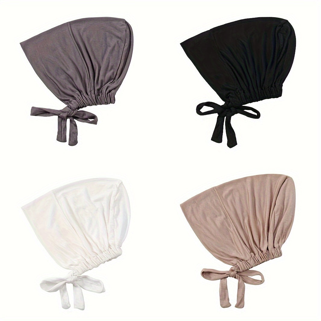 Beanie Hat - Inner Hijab Cap 4pcs Set - Elastic Modal Undercap Solid Color Tie Back - product detail view 14