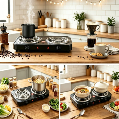 Portable Electric Stove Tabletop Double Burner, Adjustable Rotary Temperature Control, Compact Electric Charcoal Heater for Home