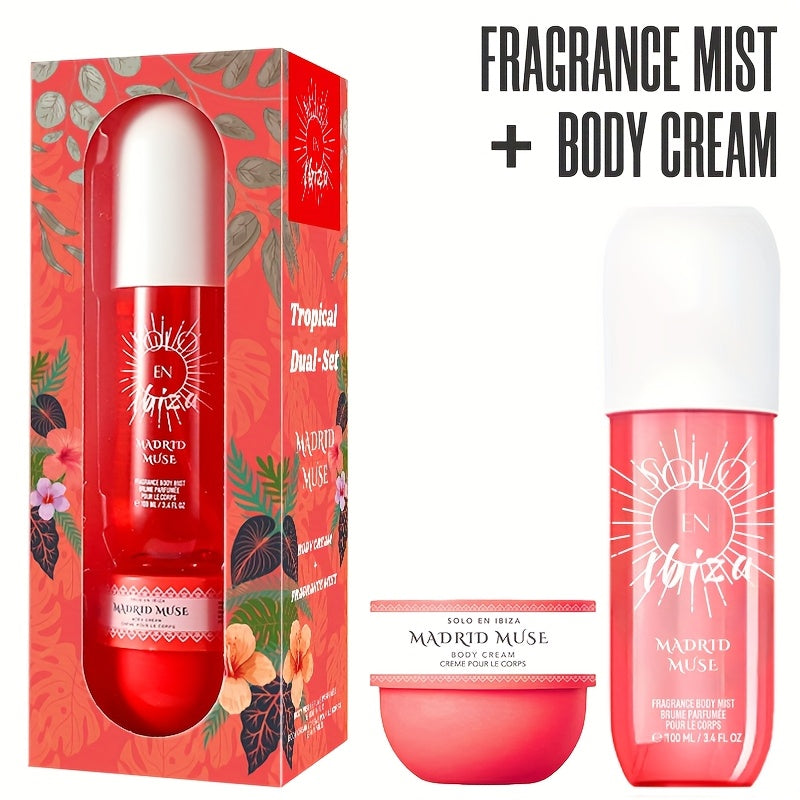 Body Hair Fragrance Mist Gift Set 2-Piece SOLO EN IBIZA Perfume Mist Body Cream Vanilla Fruit for Bath Time, Home Spa and Personal Care