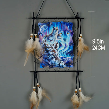 Wolf Eagle Dream Catcher Wall Art 2pcs Canvas Print Boho Native American Totem Hanging Decor with Feathers Wooden Beads Vintage Iron Frame