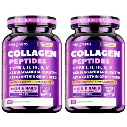 Collagen Capsules Type I II III V X with Vitamin C, Hyaluronic Acid & Biotin, Skin Hydration, Elasticity