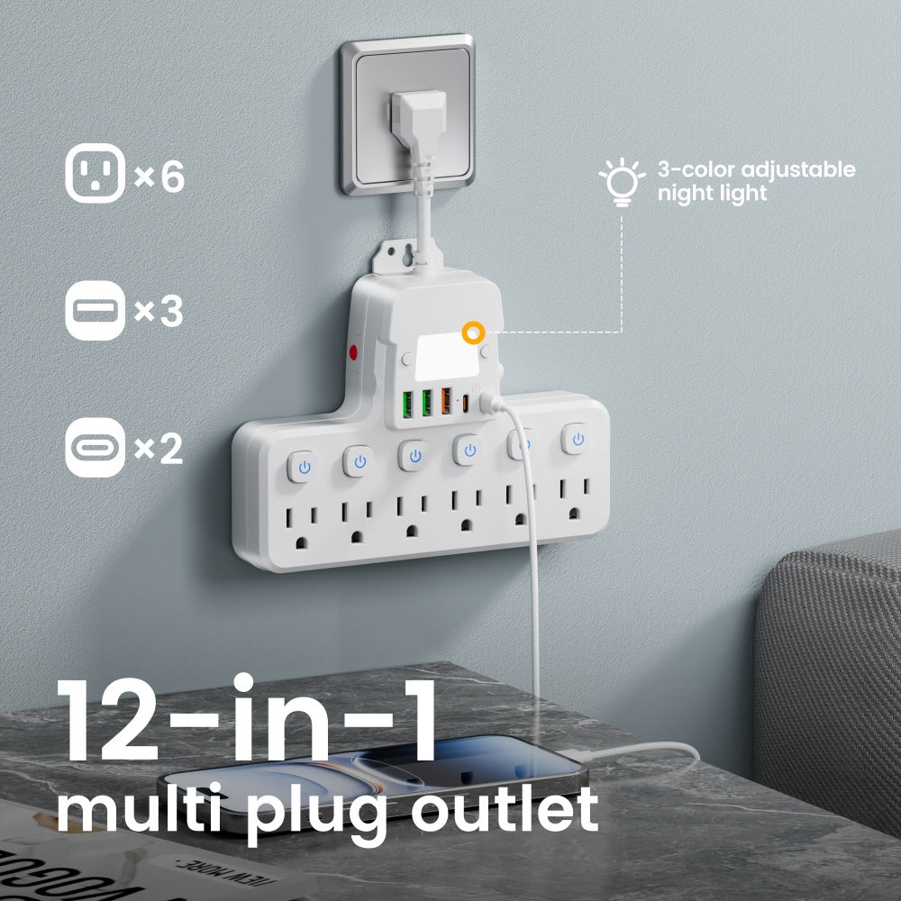 Desk Lamp Power Strip 12-in-1 with Adjustable LED Light, 6 AC Outlets & 5 USB Ports (3 USB-A + 2 USB-C)