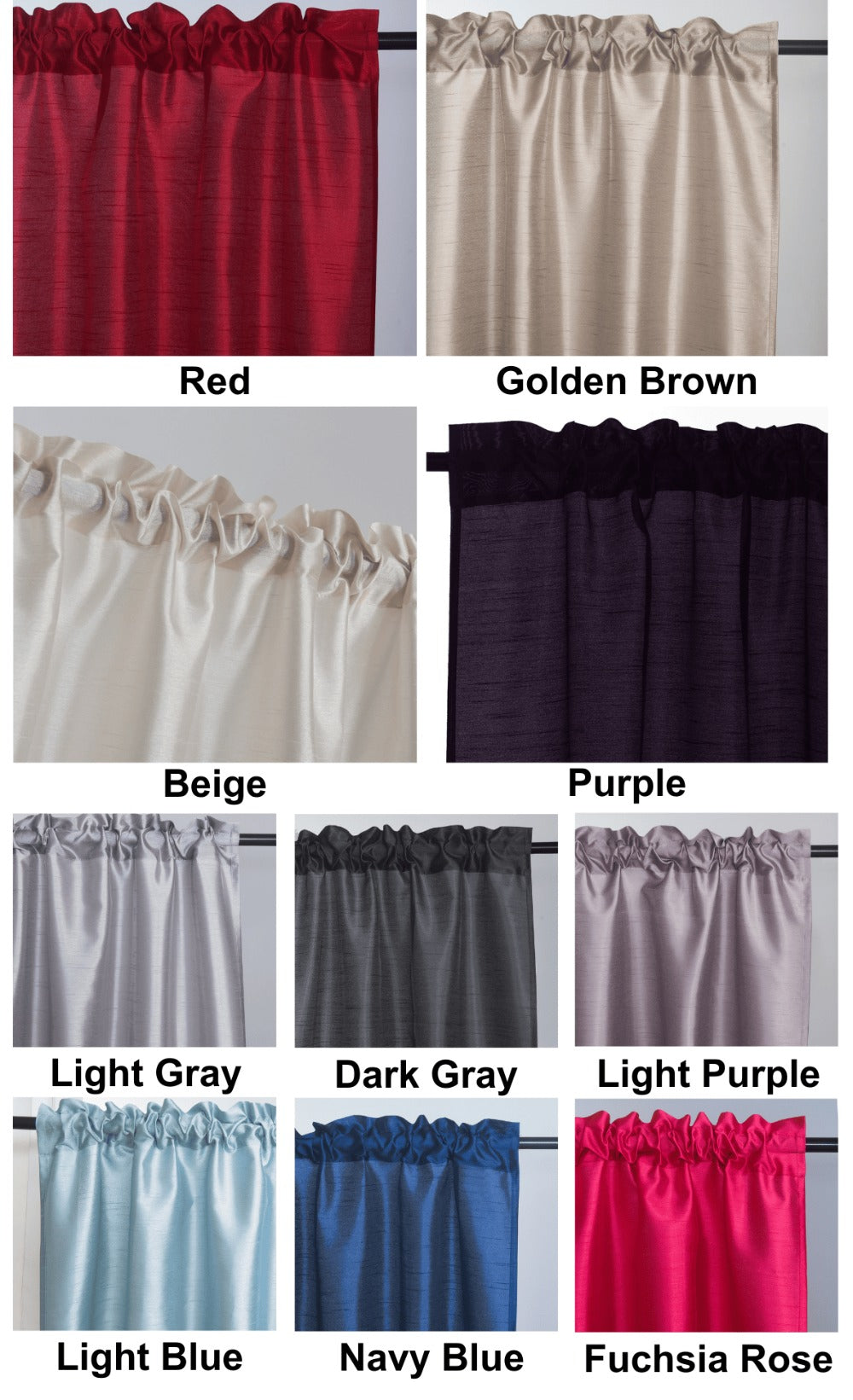 Three-Piece Faux Silk Window Curtain Set with Rod-Pocket Valance, Two 26 x 36-Inch Tiers and Eleven Colors