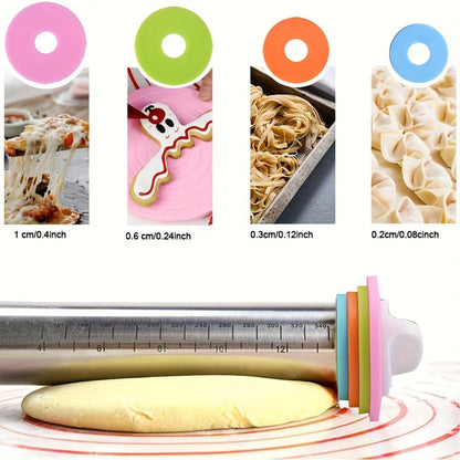 Stainless Steel Rolling Pin with Adjustable Thickness Rings Dough Roller for Baking Pizza Cookies Pastry 430 Grade Non-Stick Heavy Duty