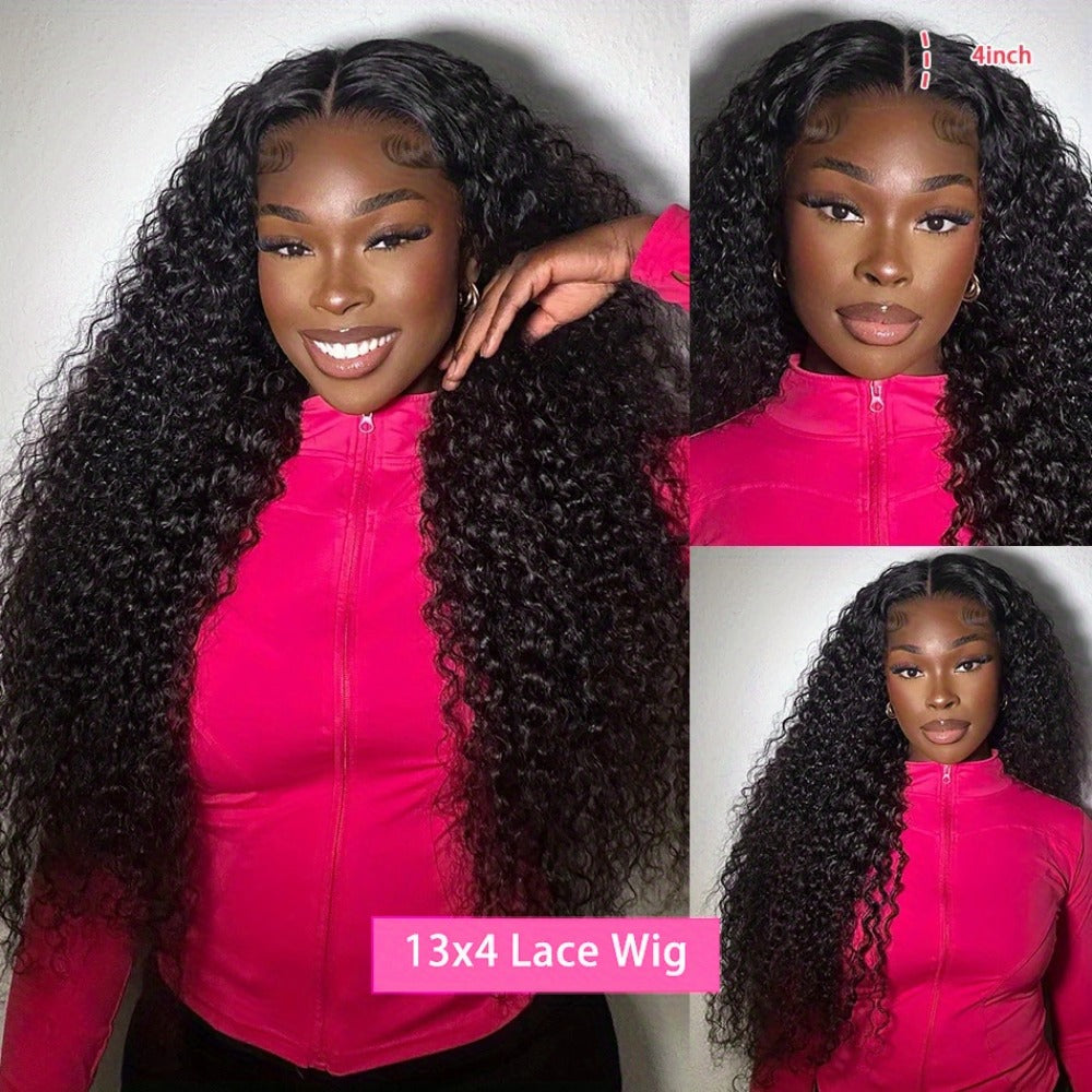 Lace Front Wig Deep Wave Human Hair, 28- or 34-Inch Natural Black with 13x4 HD Front and 250% Density