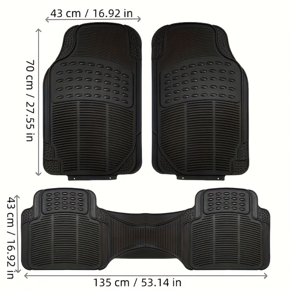 Molded Black Car Floor Mats, Three-Piece PVC Set with Two Front Mats, Rear Liner and Trim Guides