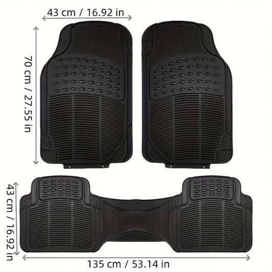 Molded Black Car Floor Mats, Three-Piece PVC Set with Two Front Mats, Rear Liner and Trim Guides
